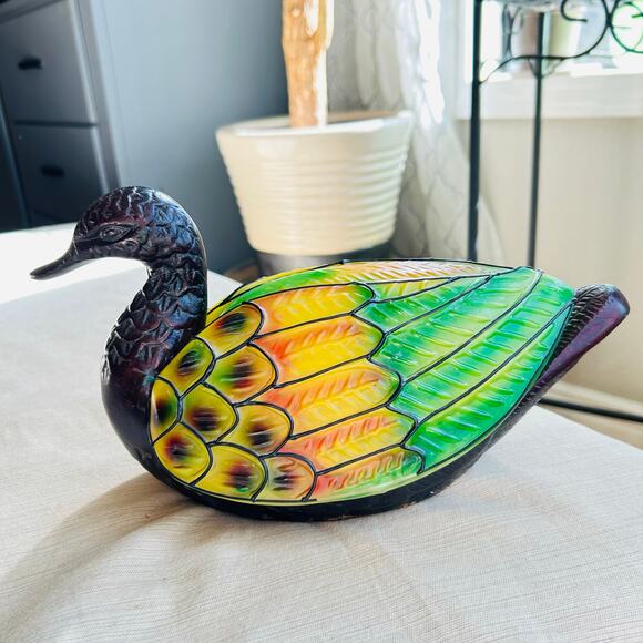Vintage Painted Glass Duck Lamp Tiffany Style Bronze Brass heavy